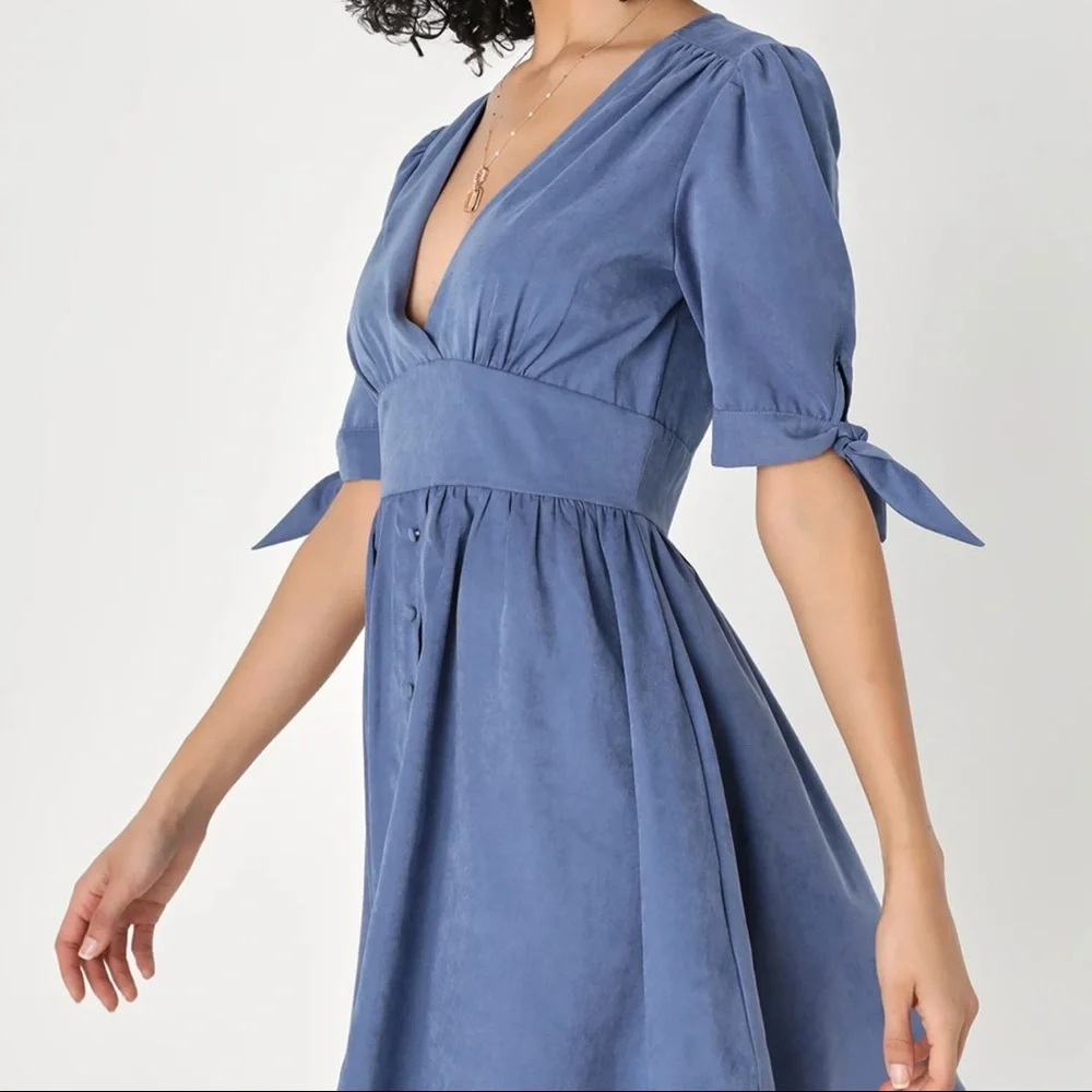 NWT Lulus Absolutely Sweet Blue Button-Up Short Sleeve Mini Dress - Picture 2 of 6